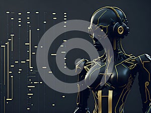 Figure of robot made of metal and electronic systems. Cyborg robot on dark background. generative AI