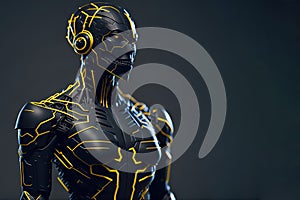 Figure of robot made of metal and electronic systems. Cyborg robot on dark background. generative AI