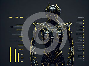 Figure of robot made of metal and electronic systems. Cyborg robot on dark background. generative AI