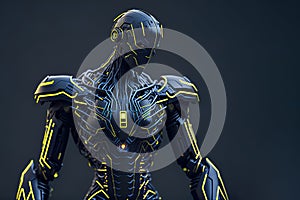 Figure of robot made of metal and electronic systems. Cyborg robot on dark background. generative AI