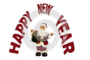 The figure of Santa and the inscription of a happy new year located arc on a white background