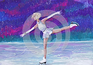 The figure skater carries out the sports swallow element. Children`s drawing