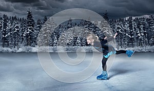figure skater on winter lake background