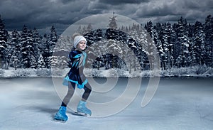Figure skater on winter lake  background