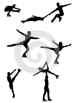 Figure skaters silhouettes isolated on white background. Pairs and singles competitions. Vector