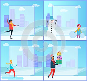 Figure-skating and Cityscape Vector Illustration