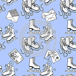 Figure skating and letters. Winter fun. Seamless pattern.