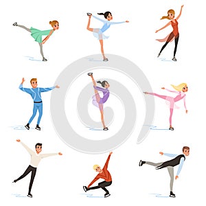 Figure skating set, professional athletes skating in motion on ice vector Illustrations on a white background