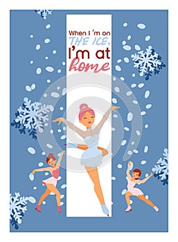 Figure skating vector backdrop girl character skates on competition and professional girlie skater illustration winter