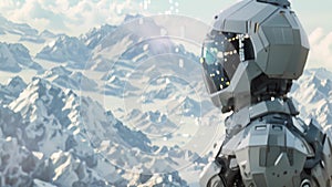 A figure in a sleek silver spacesuit gazes out towards a mesmerizing horizon of pixelated mountains their face not