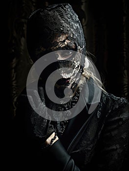 A figure in a smart tailored suit their face veiled in a black lace mask. Gothic art. AI generation
