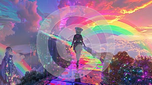 A figure standing on a rainbow bridge, dressed in an elaborate rainbowcore ensemble, with a dreamlike rainbow-colored photo