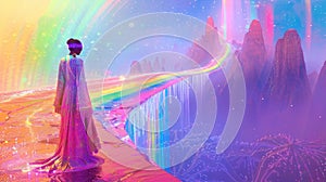 A figure standing on a rainbow bridge, dressed in an elaborate rainbowcore ensemble, with a dreamlike rainbow-colored photo