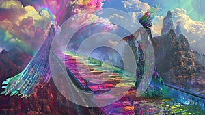 A figure standing on a rainbow bridge, dressed in an elaborate rainbowcore ensemble, with a dreamlike rainbow-colored photo