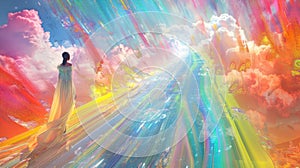 A figure standing on a rainbow bridge, dressed in an elaborate rainbowcore ensemble, with a dreamlike rainbow-colored photo