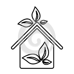 figure sticker eco houese with leaves icon