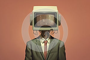 Figure in suit with vintage TV for a head. Concept of media influence, information overload, screen time, digital