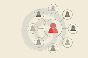 Figure surrounded by circle of other figures on beige background, human resource management, teamlead, management or company