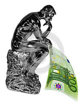 Figure of thinking man holding falling euro. Isolated.