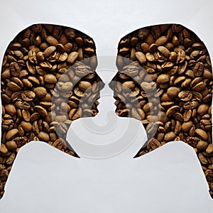 figure of two female human faces of profile with roasted coffee beans and white background