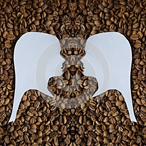 figure of two female human faces of profile in white and background with roasted coffee beans