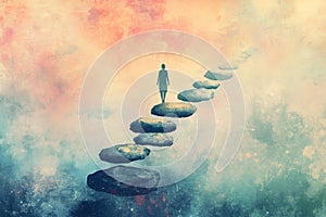 Figure walking on floating rocks that form a path ascending into the sky.