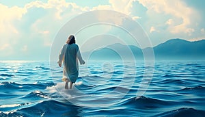 Figure Walking on Water Beneath Dramatic Sky and Serene Ocean Waves photo
