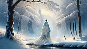 a figure in a white coat in winter in a fairytale landscape