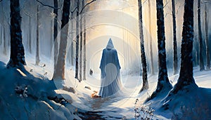 a figure in a white coat in winter in a fairytale landscape