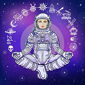 Figure of a woman astronaut sitting in a Buddha pose. Meditation in space. Set of icons.