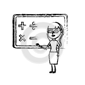 Figure woman teacher teaching to the student in the blackboard