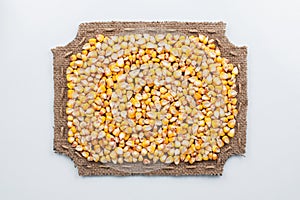 Figured frame made of burlap and corn grains