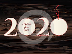 Figures 2020 with christmas ball of paper. New Year, Winter theme. Vector. Greeting card on a wooden background