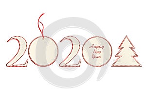 Figures 2020 with christmas ball and tree of paper. New Year, Winter theme. Vector. Greeting card on a white background