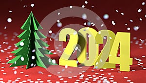 Figures 2024 and Christmas tree on red background