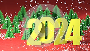 Figures 2024 and Christmas tree on red background