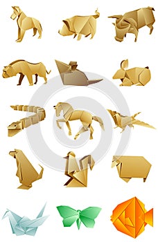 Figures of animals origami set on white background