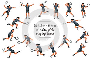 figures of Asian girls paying women's tennis in black shirts throwing, receiving, hitting the ball, standing, jumping and