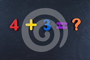 Figures on black board, maths task for kids, addition. Back to school concept. Copy space for your design