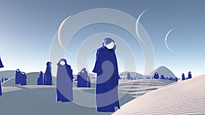 Figures in blue robes in desert