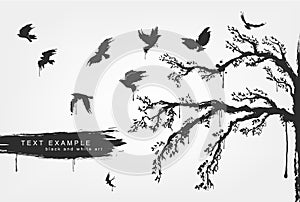 Figures of flying birds, trees in grunge style