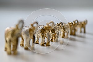 Figures of gilded elephants stand in a row in height. Selective focus