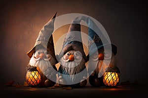 Figures Of Halloween Gnomes With Flashlight And Pumpkings. Funny toys.