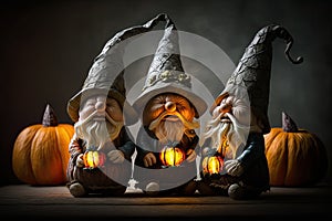 Figures Of Halloween Gnomes With Flashlight And Pumpkings. Funny toys.