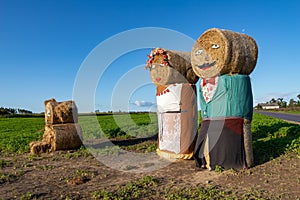 Figures made of sheaves of hay in the field. Ornaments in the countryside prisons