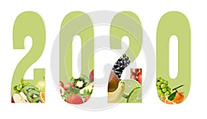 Figures of the new year 2020 on a white background decorated with fruit composition below.  Design element for print or web