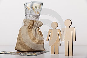 Figures of people with money bag on white background. Family savings concept