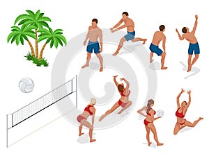 Figures of people when playing volleyball. Beach volley ball concept. Vector isometric illustration