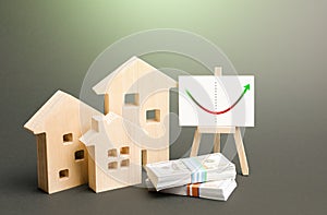 Figures of residential buildings and an easel with real estate market recovery trend chart. Value and cost. Increased interest