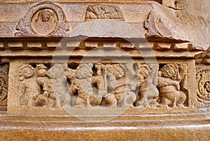 Figures of the shiva ganas servants of the lord Shiva carved on the plinth, Durga temple, Aihole, Bagalkot, Karnataka. The Galagan photo